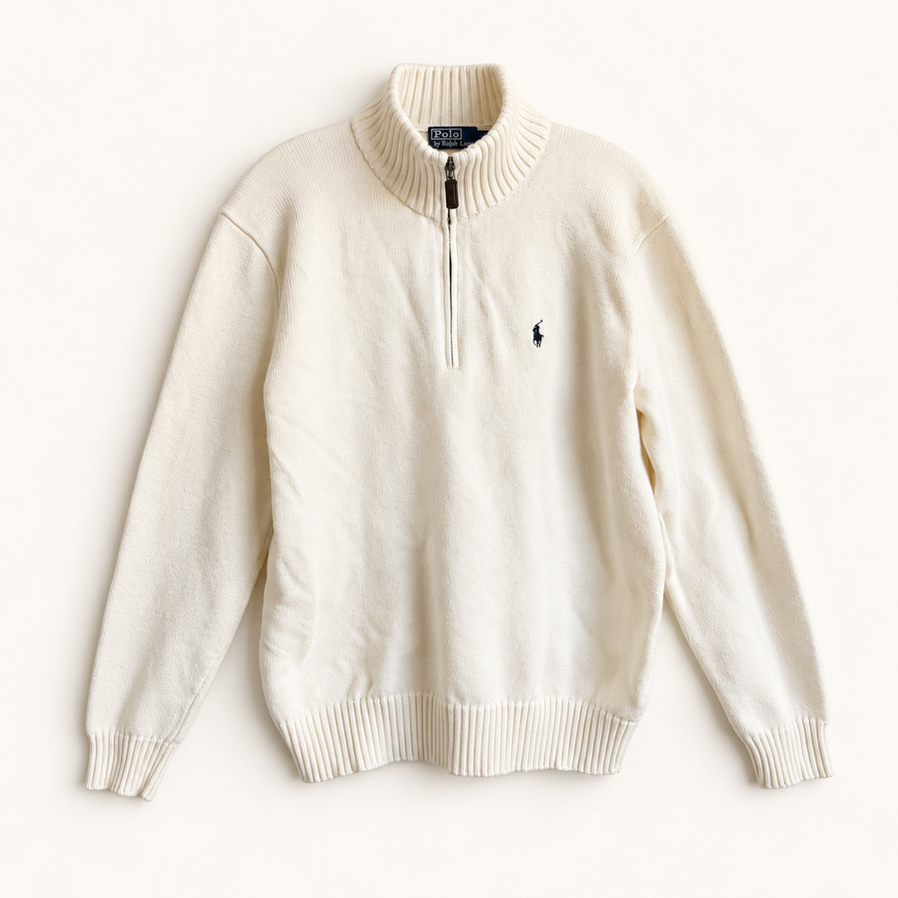 Polo Ralph Lauren Ivory 100% Cotton Quarter Zip Sweater Leather Pull Pony M